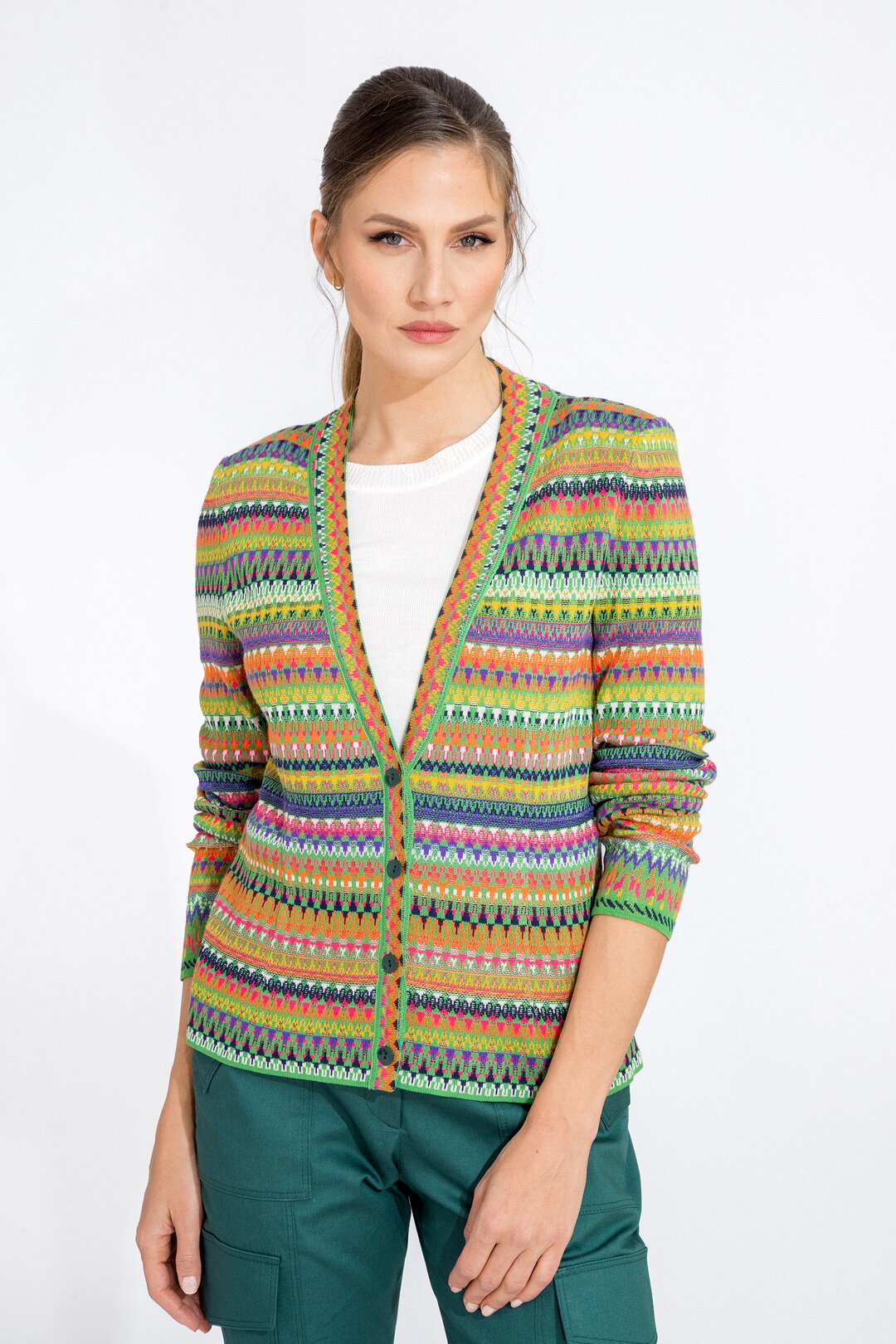 Jacquard-Jacke mit V - Ausschnitt, Streifenmuster