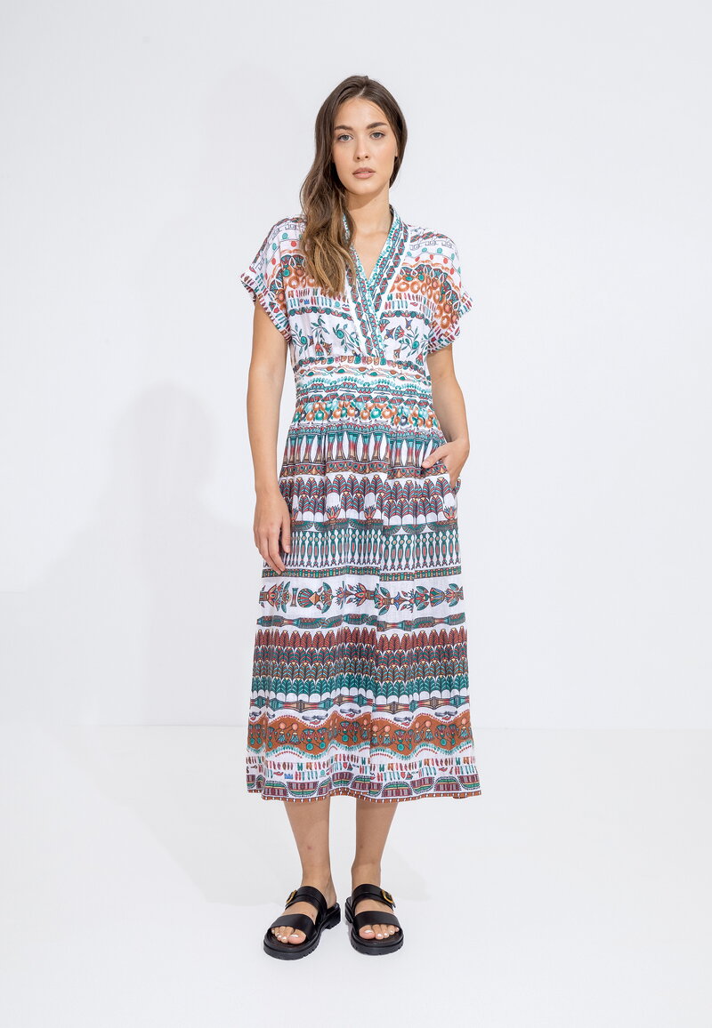 Printed Linen Dress, Papyrus Motif - Off-White - Dresses and