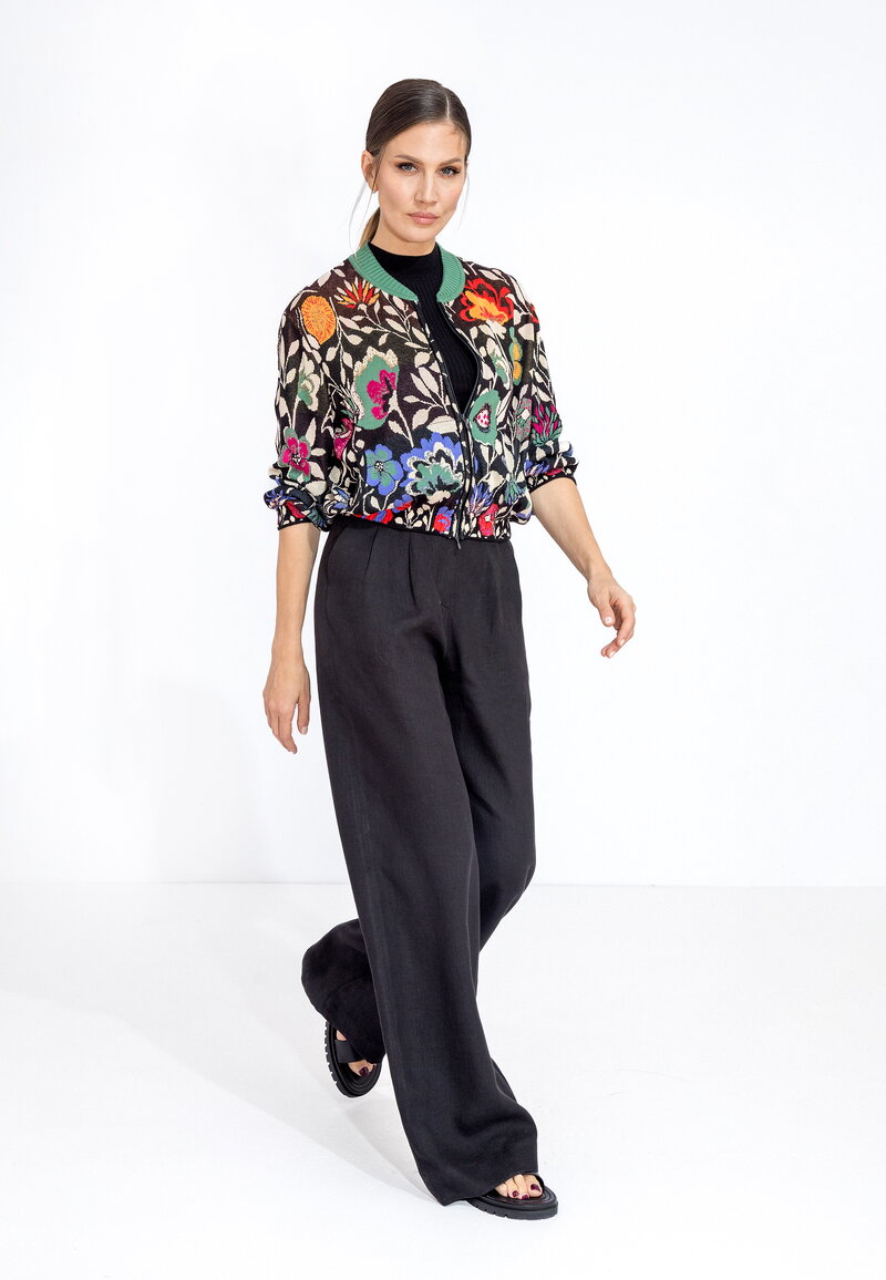 Bomber Jacket, Floral Pattern - Black - Knitted Jackets
