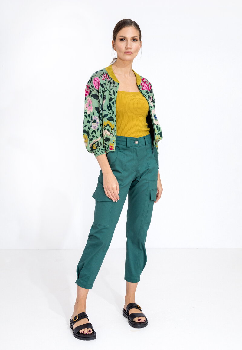 Bomber Jacket, Floral Pattern PastelGreen Knitted Jackets - Main Image