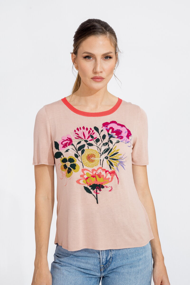 Intarsien-Pullover mit floraler Stickerei