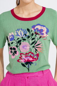 Intarsia Pulover with Floral Embroidery