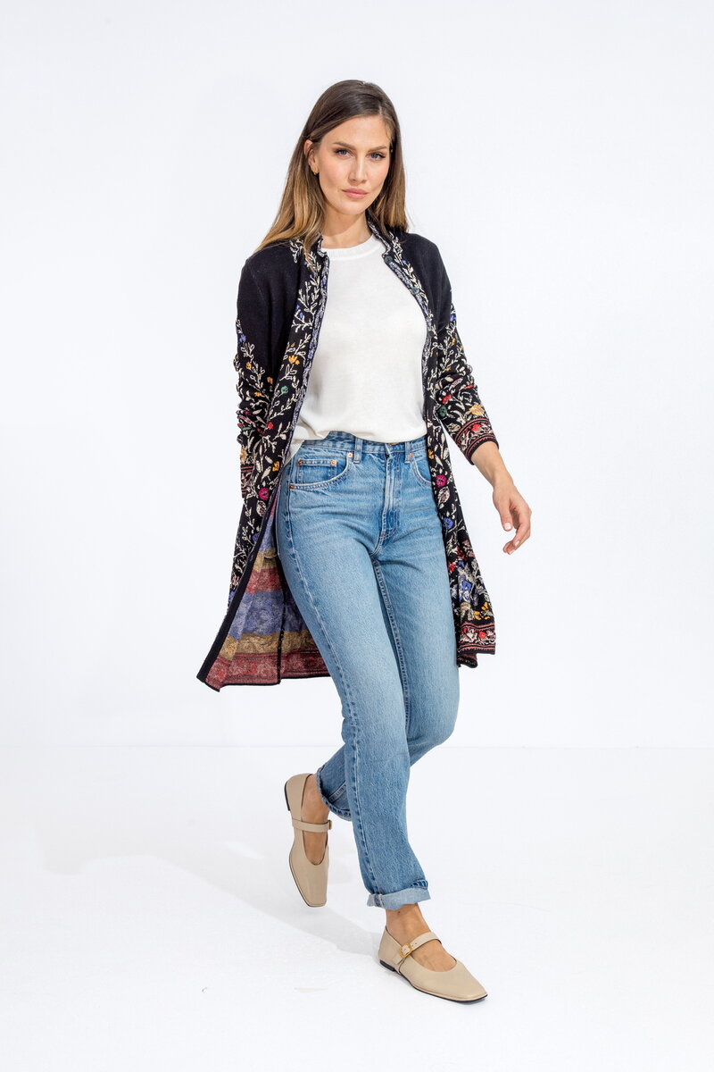 Jacquard Coatigan, Andalusia Pattern - Black - Cardigans - Ivko Woman