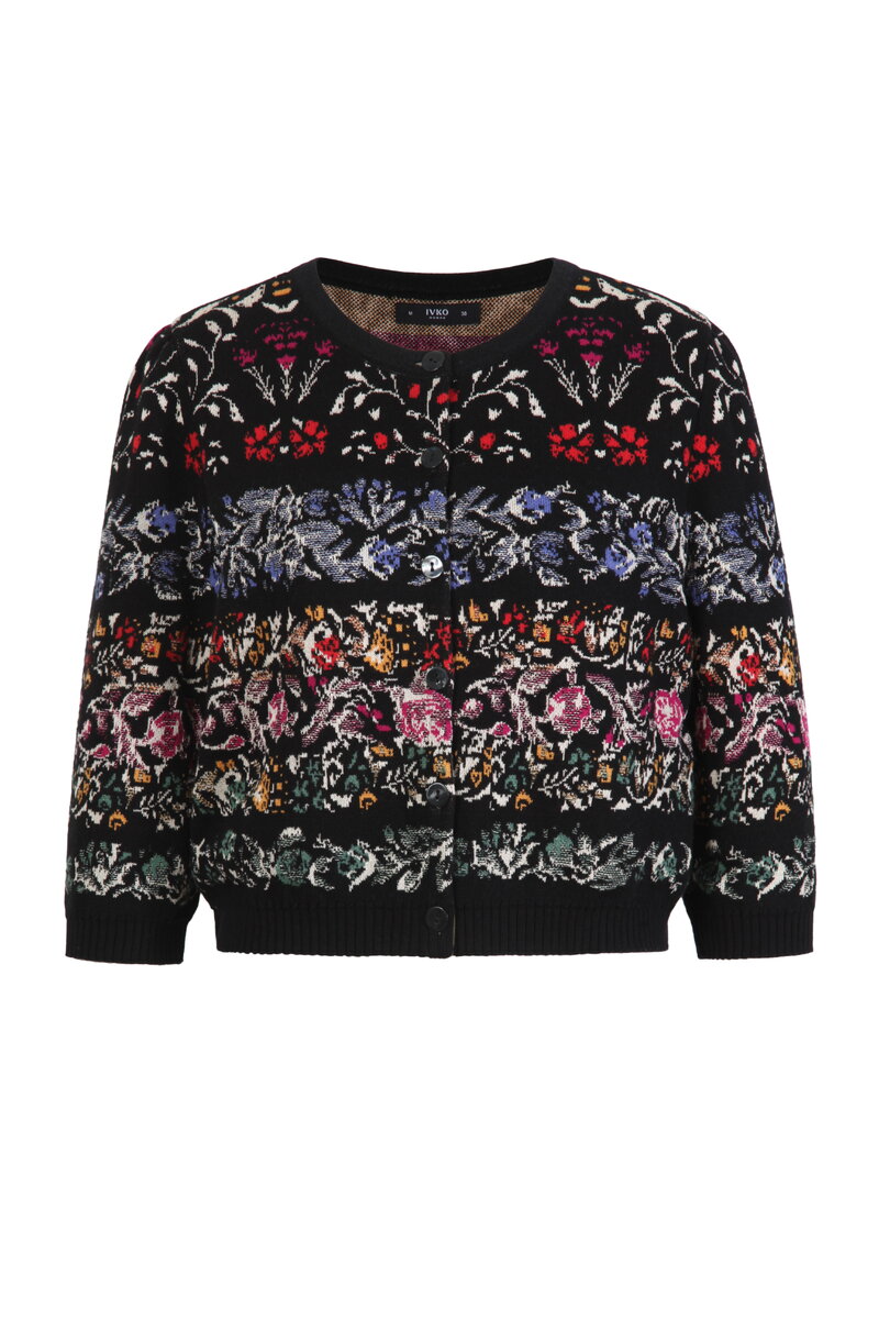 Cropped Jacquard Cardigan, Andalusia Pattern - Black - Cardigans