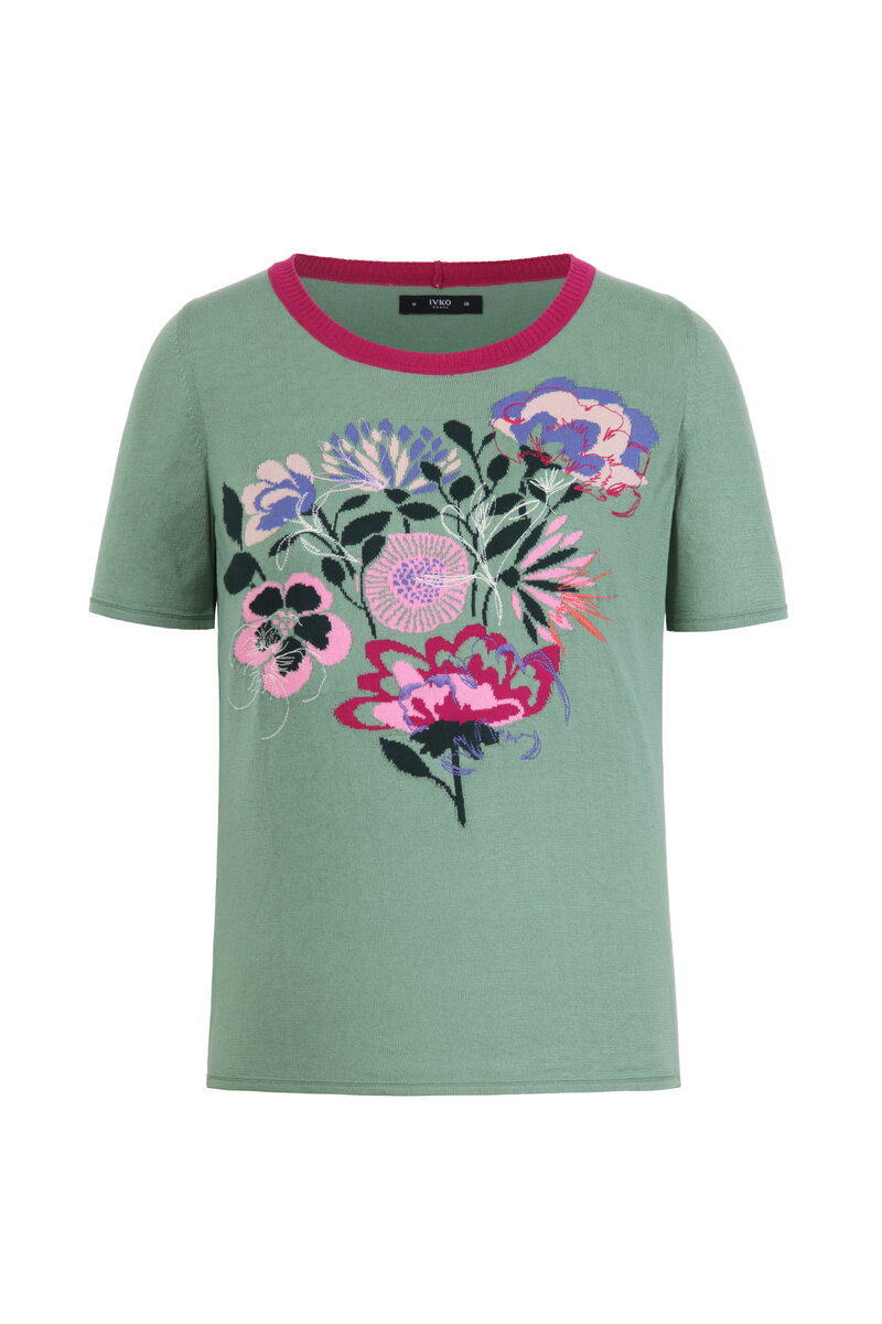 Intarsien-Pullover mit floraler Stickerei