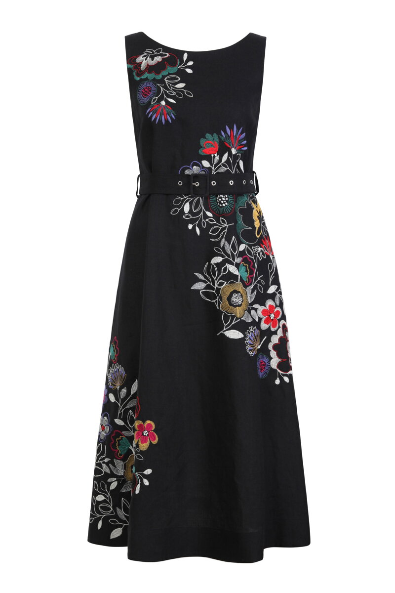 Linen dress with Floral Embroidery - Black - Dresses and