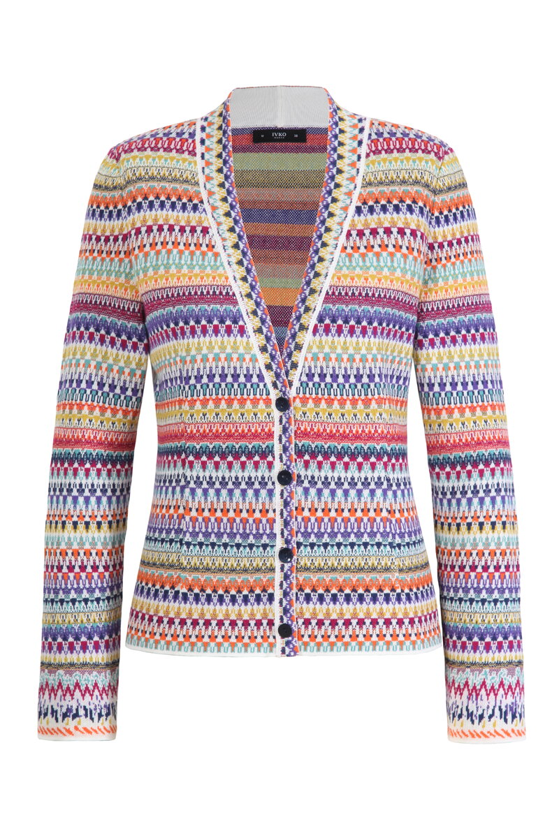 Jacquard Jacket V - Neck, Stripe Pattern - White - Knitted Jackets