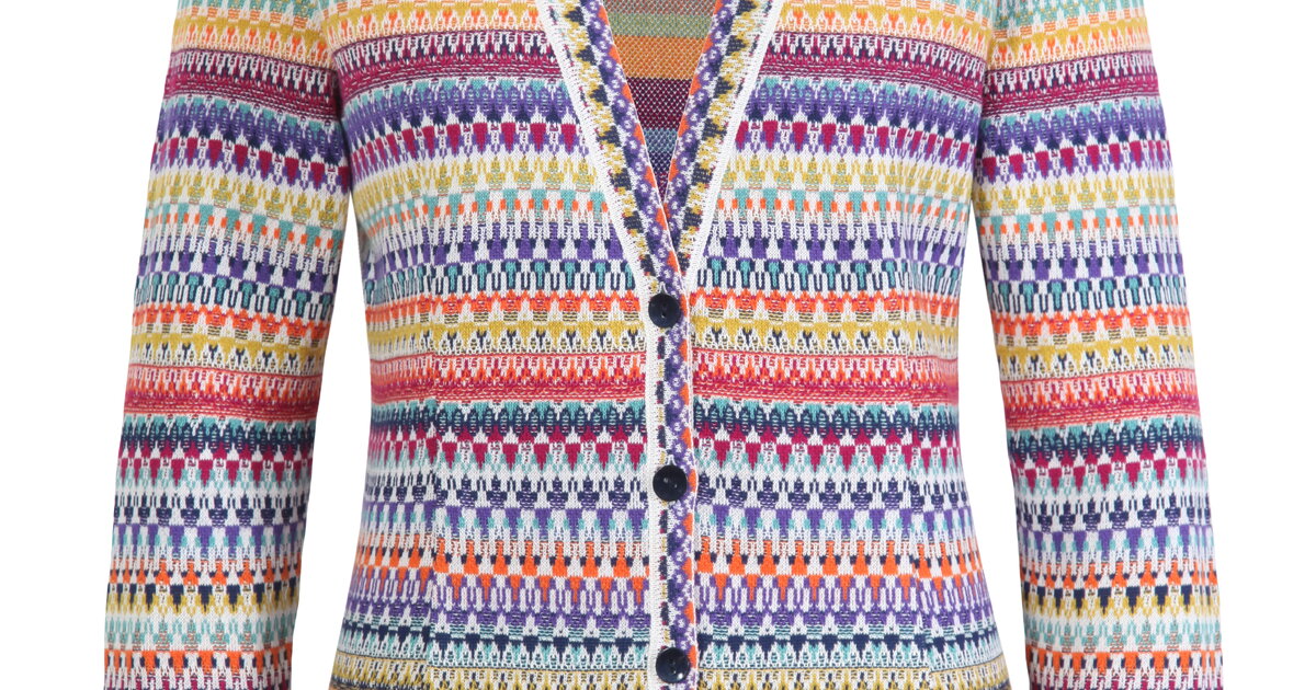 Jacquard Jacket V - Neck, Stripe Pattern - White - Knitted Jackets