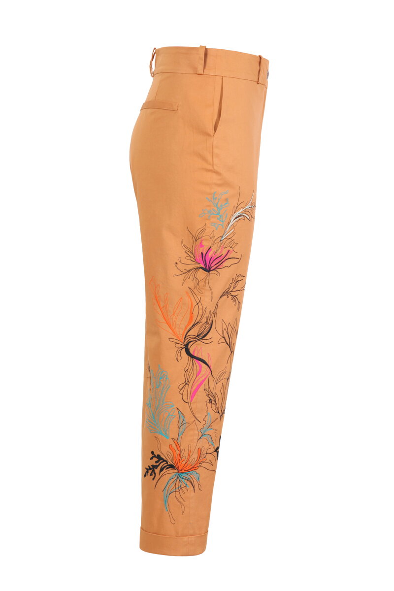Embroidery Pants, Floral Pattern - Golden - Pants - Ivko Woman