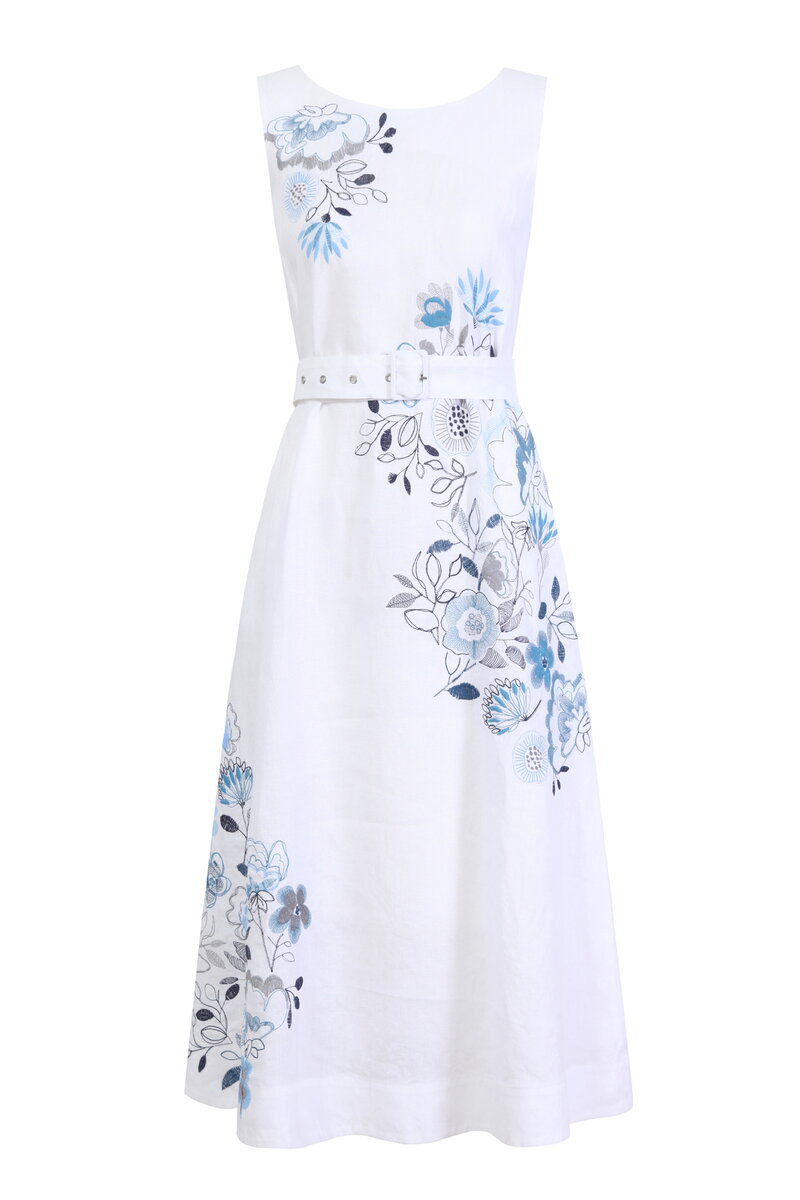 Linen dress with Floral Embroidery - White - Dresses - Ivko Woman