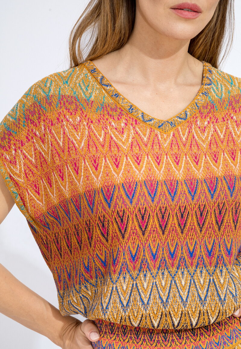 Pullover V-Neck, Ornament Pattern - Golden - Pullovers - Ivko Woman