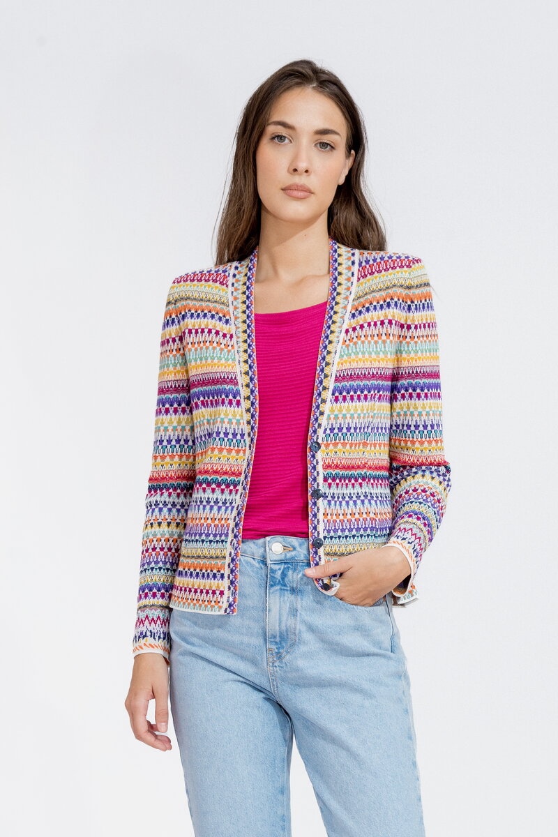 Jacquard Jacket V - Neck, Stripe Pattern