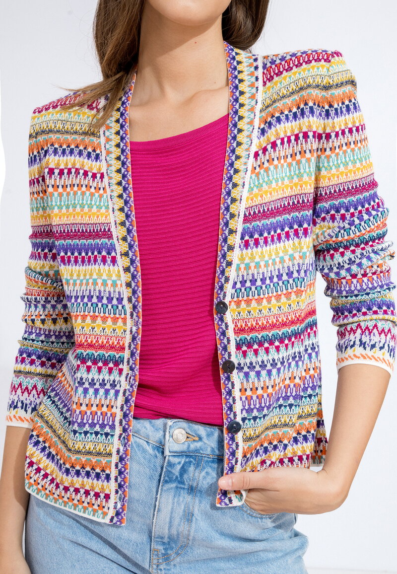 Jacquard Jacket V - Neck, Stripe Pattern - White - Knitted Jackets