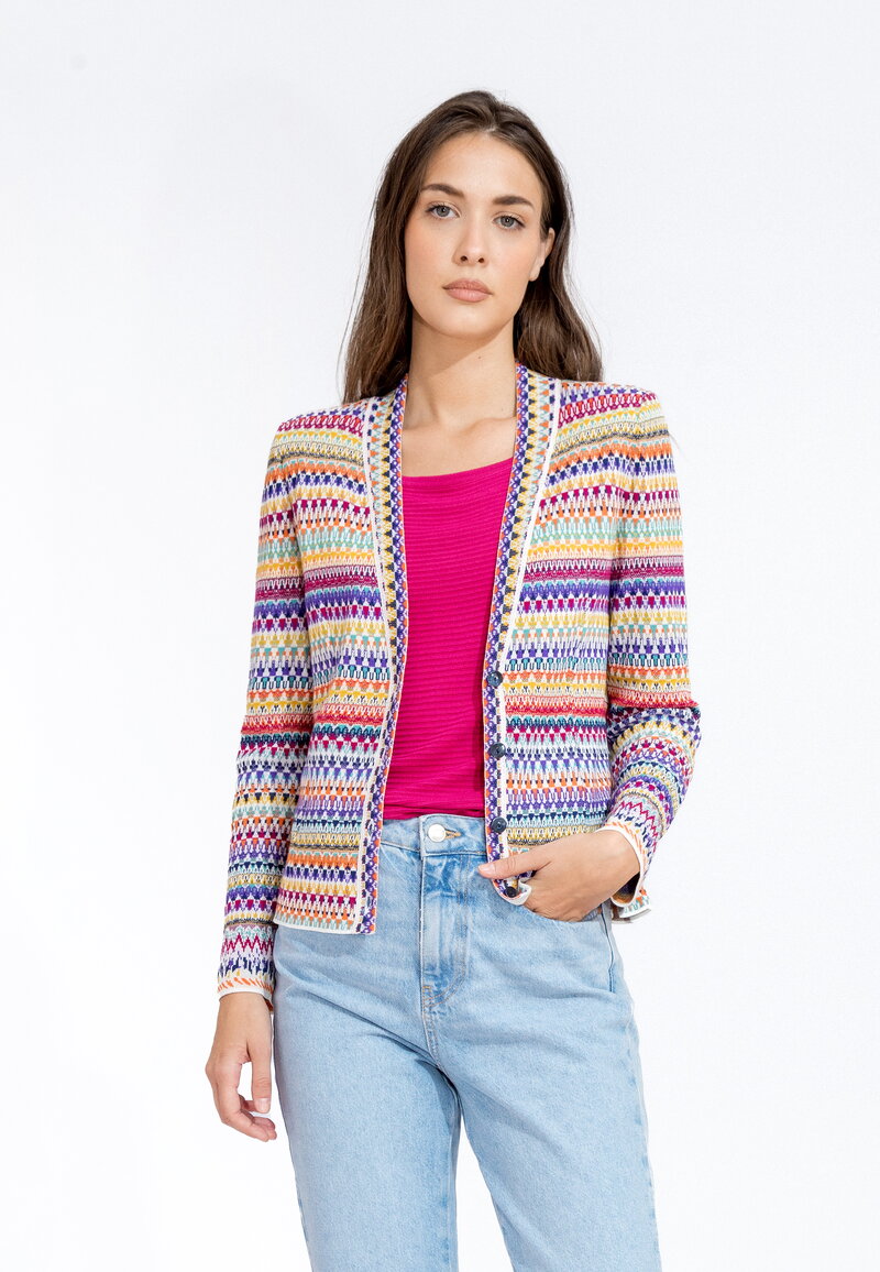 Jacquard Jacket V - Neck, Stripe Pattern - White - Knitted Jackets