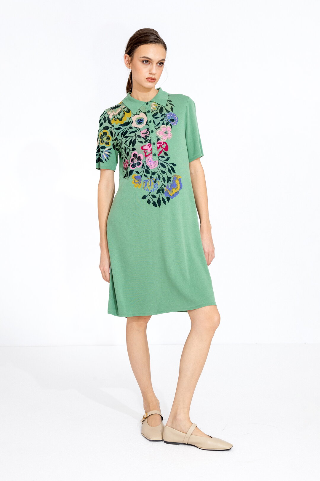 Dress with Intarsia, Short Sleeves