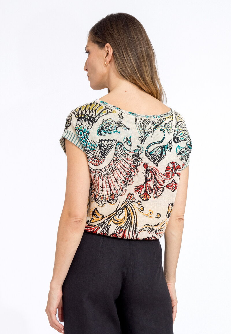 Boat Neck Pullover, Lotos Motif - Off-White - Pullovers