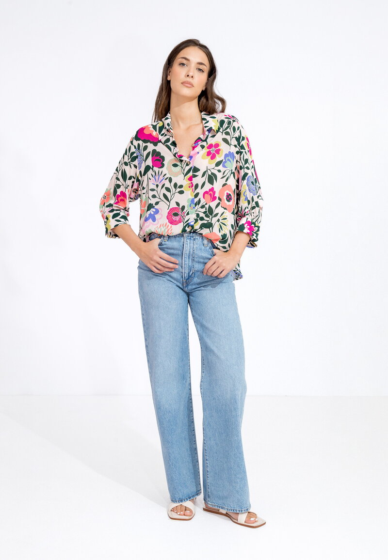 Viscose Shirt, Floral Pattern - Powder - Tops & T-shirts