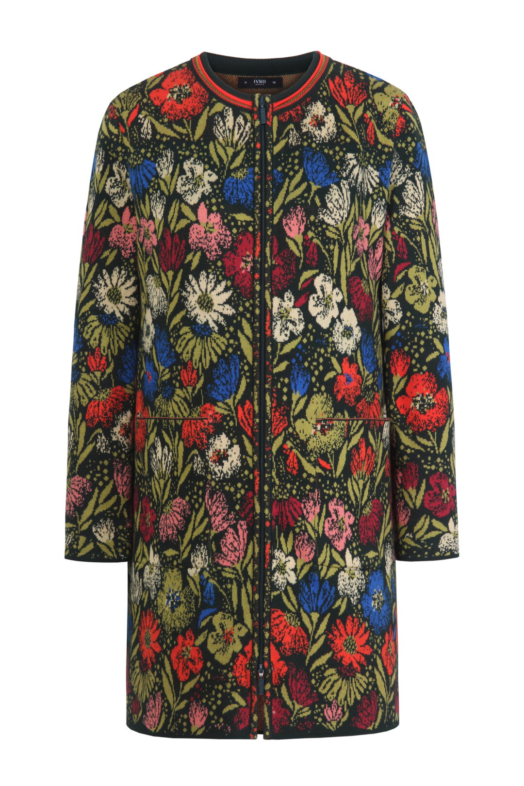 Lange Strickjacke mit Reißverschluss, Floralmuster