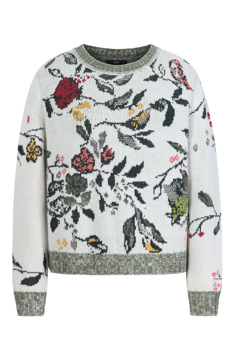 Jacquard Pullover, Floral Pattern - Off-White - Pullovers - Ivko Woman