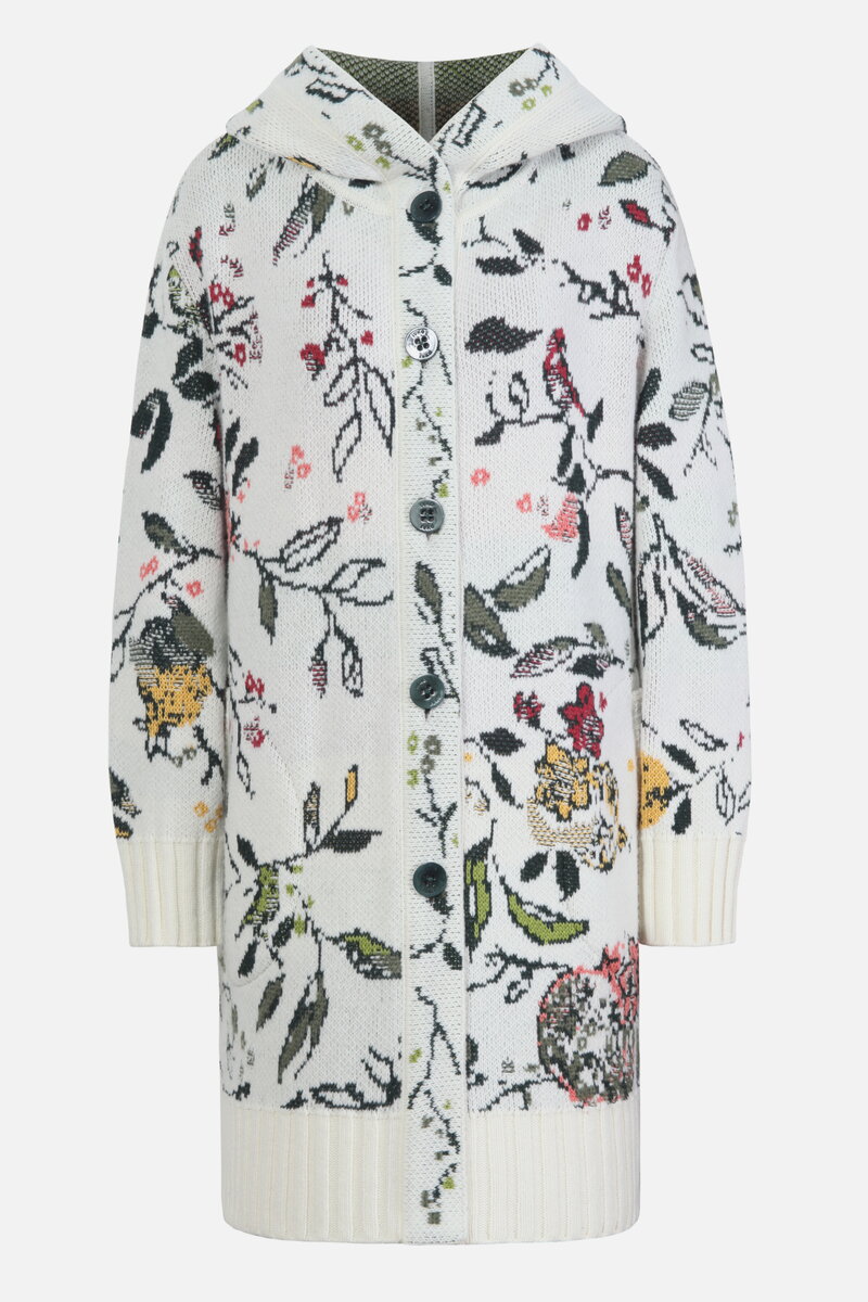 Jacquard Coatigan with Hoodie, Floral Pattern