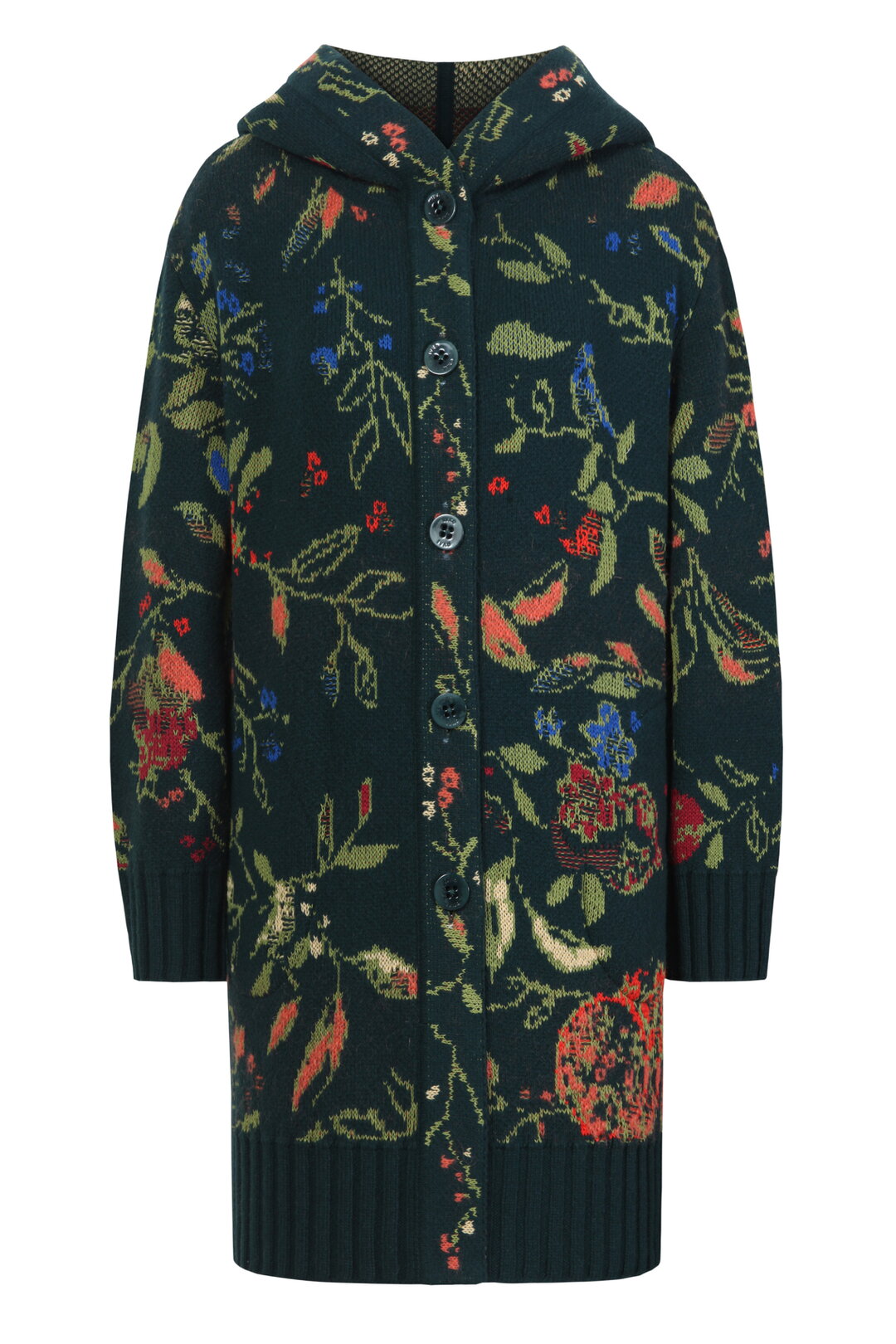 Jacquard Coatigan with Hoodie, Floral Pattern