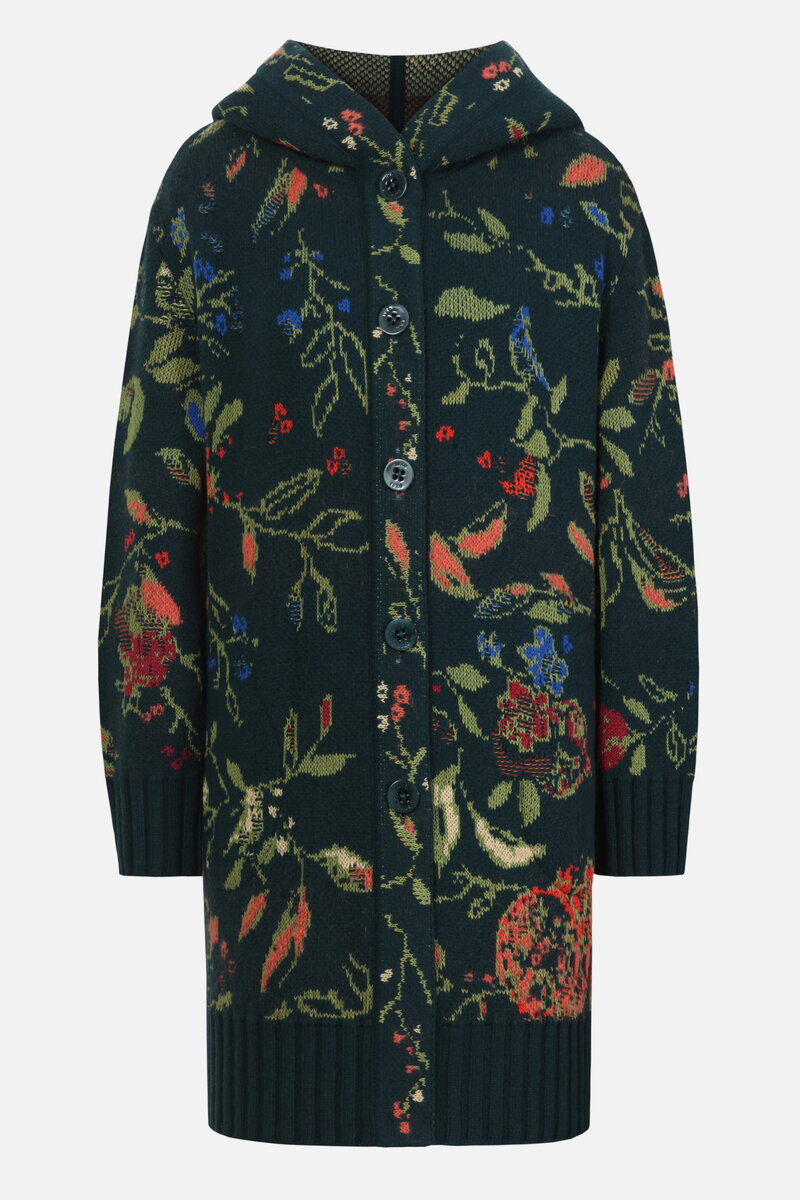 Jacquard Coatigan with Hoodie, Floral Pattern