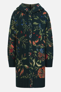 Jacquard Coatigan with Hoodie, Floral Pattern