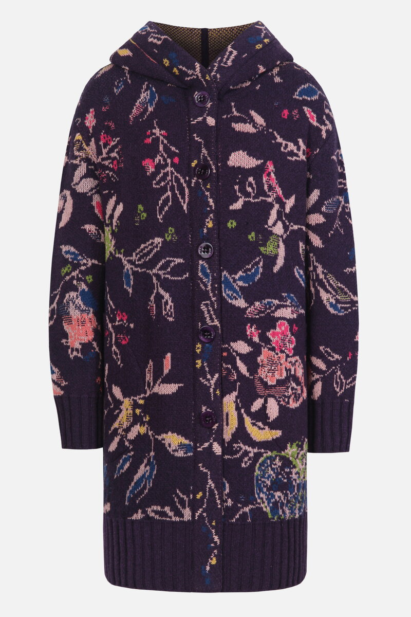 Jacquard-Manteljacke mit Kapuze, Floralmuster