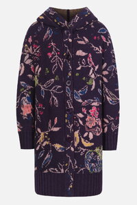 Jacquard Coatigan with Hoodie, Floral Pattern