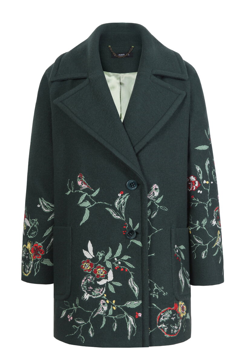 Boiled Wool Coat with Embroidery - Forest - Outerwear - Ivko Woman