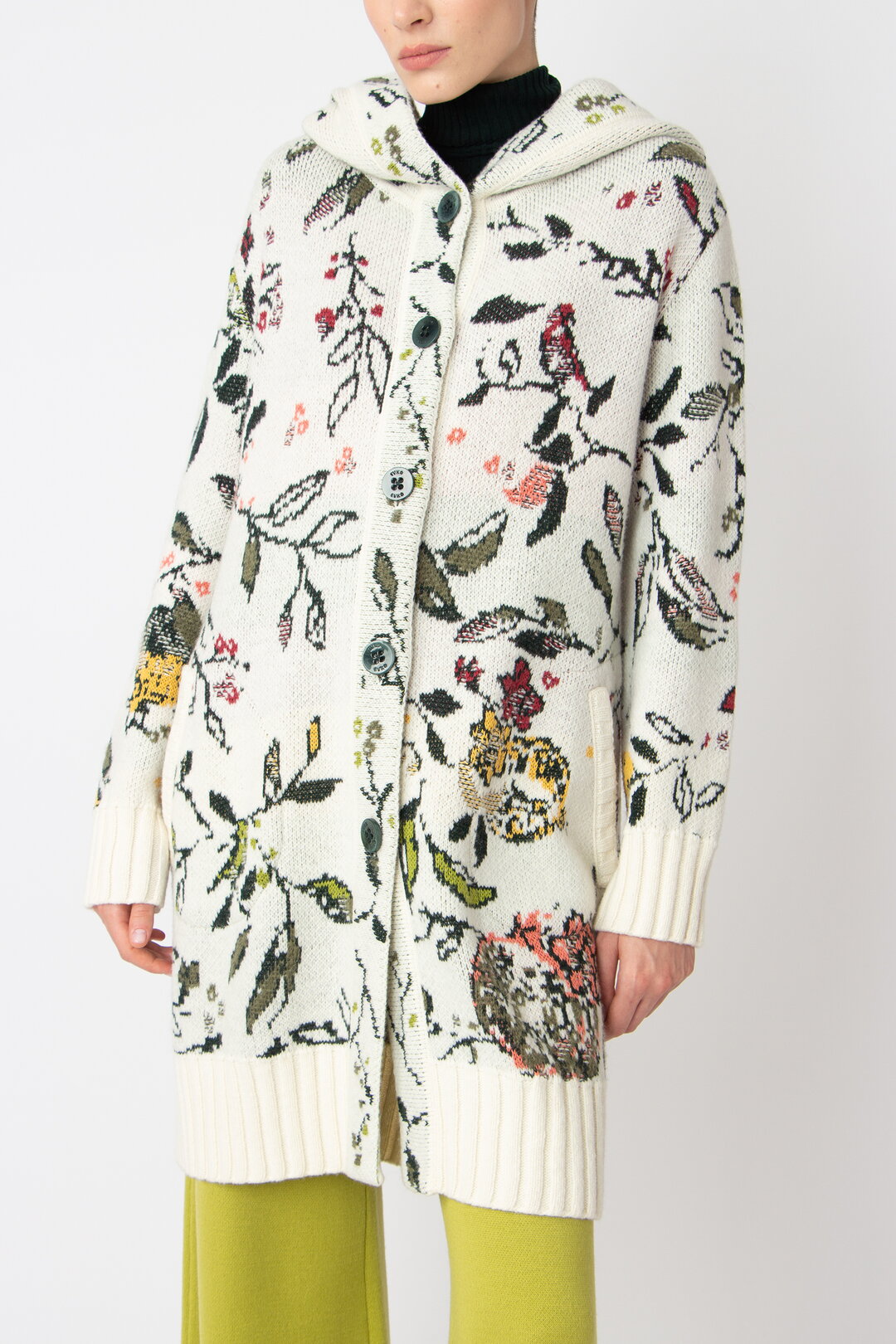 Jacquard-Manteljacke mit Kapuze, Floralmuster