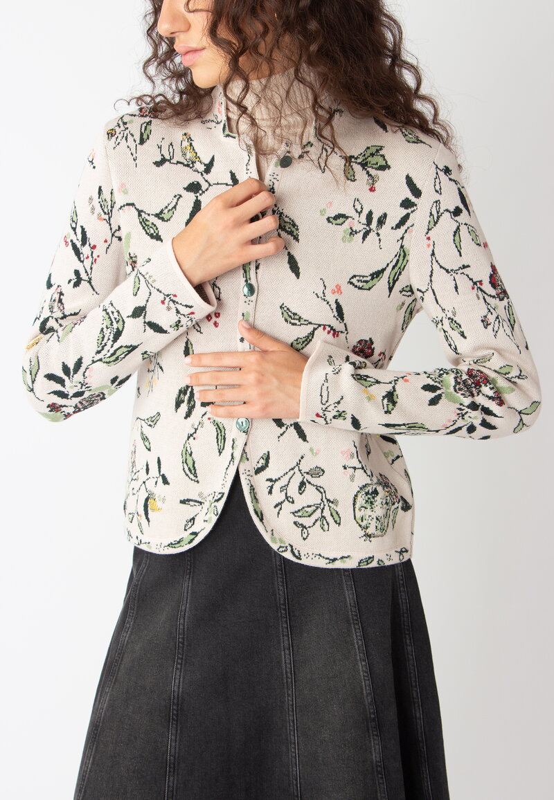 Jacquard Jacket, Floral Pattern Off-White Knitted Jackets