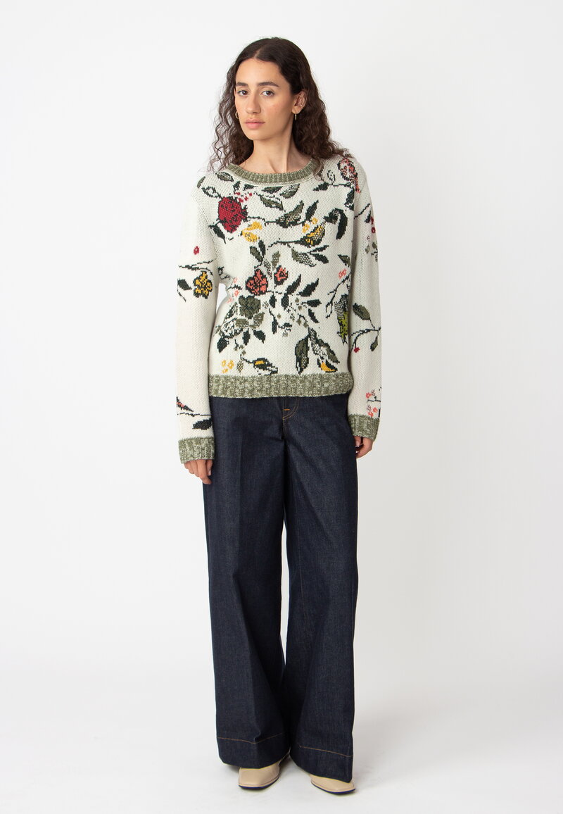 Jacquard Pullover, Floral Pattern - Off-White - Pullovers - Ivko Woman