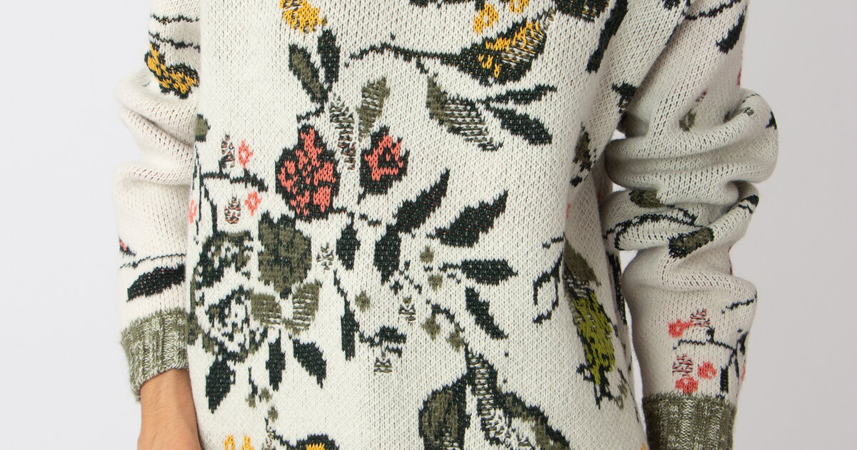 Jacquard Pullover, Floral Pattern - Off-White - Pullovers