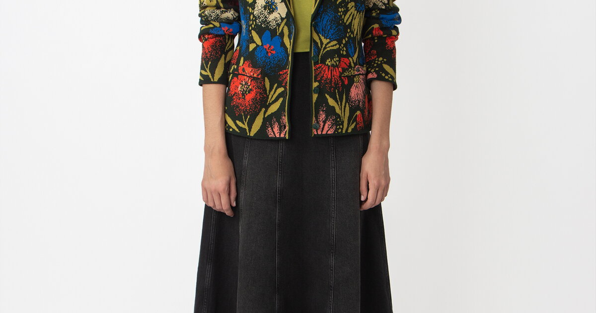 Jacquard Jacket, Floral Pattern - Forest - Knitted Jackets