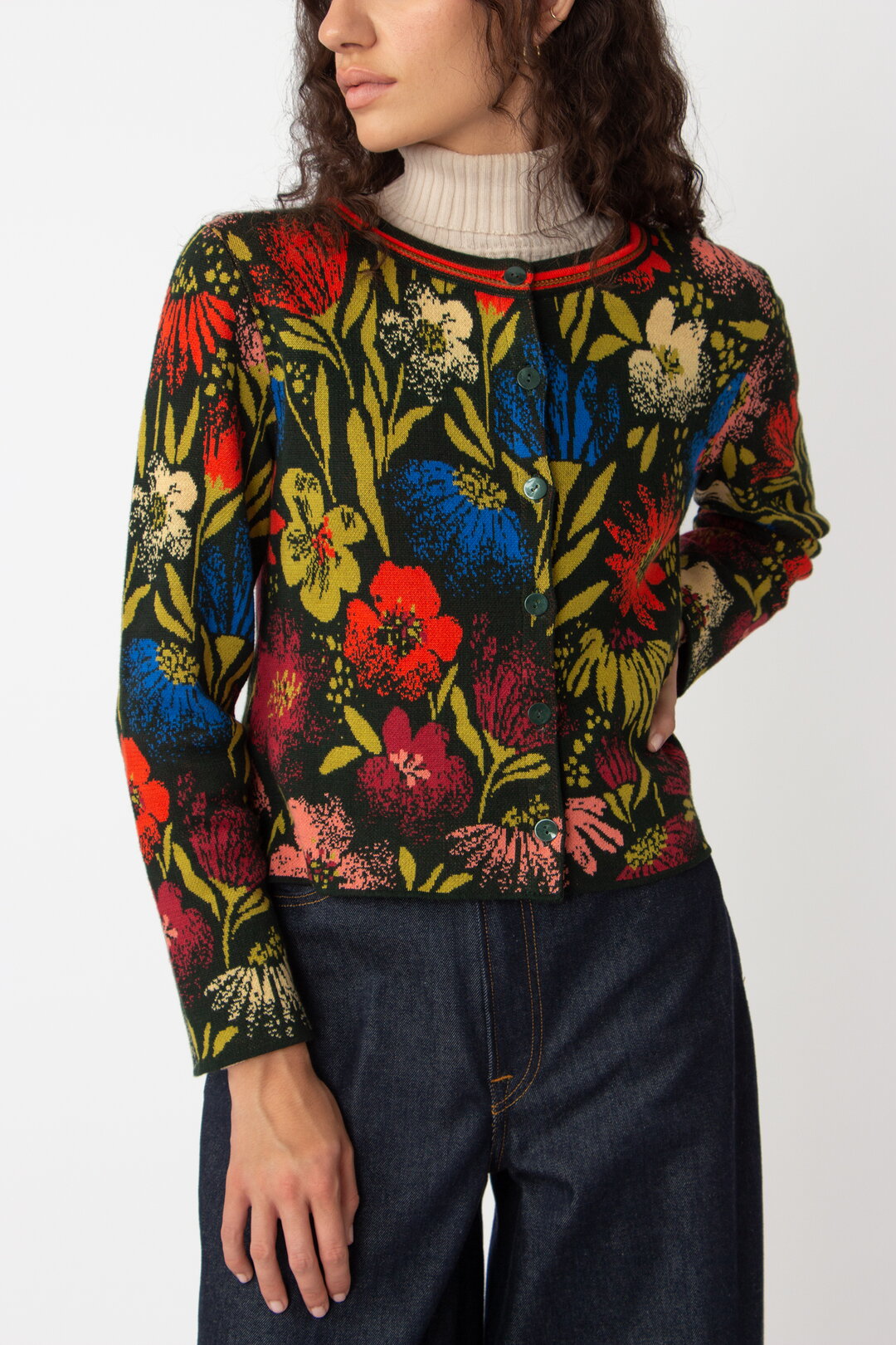 O-Neck Cardigan, Floral Pattern