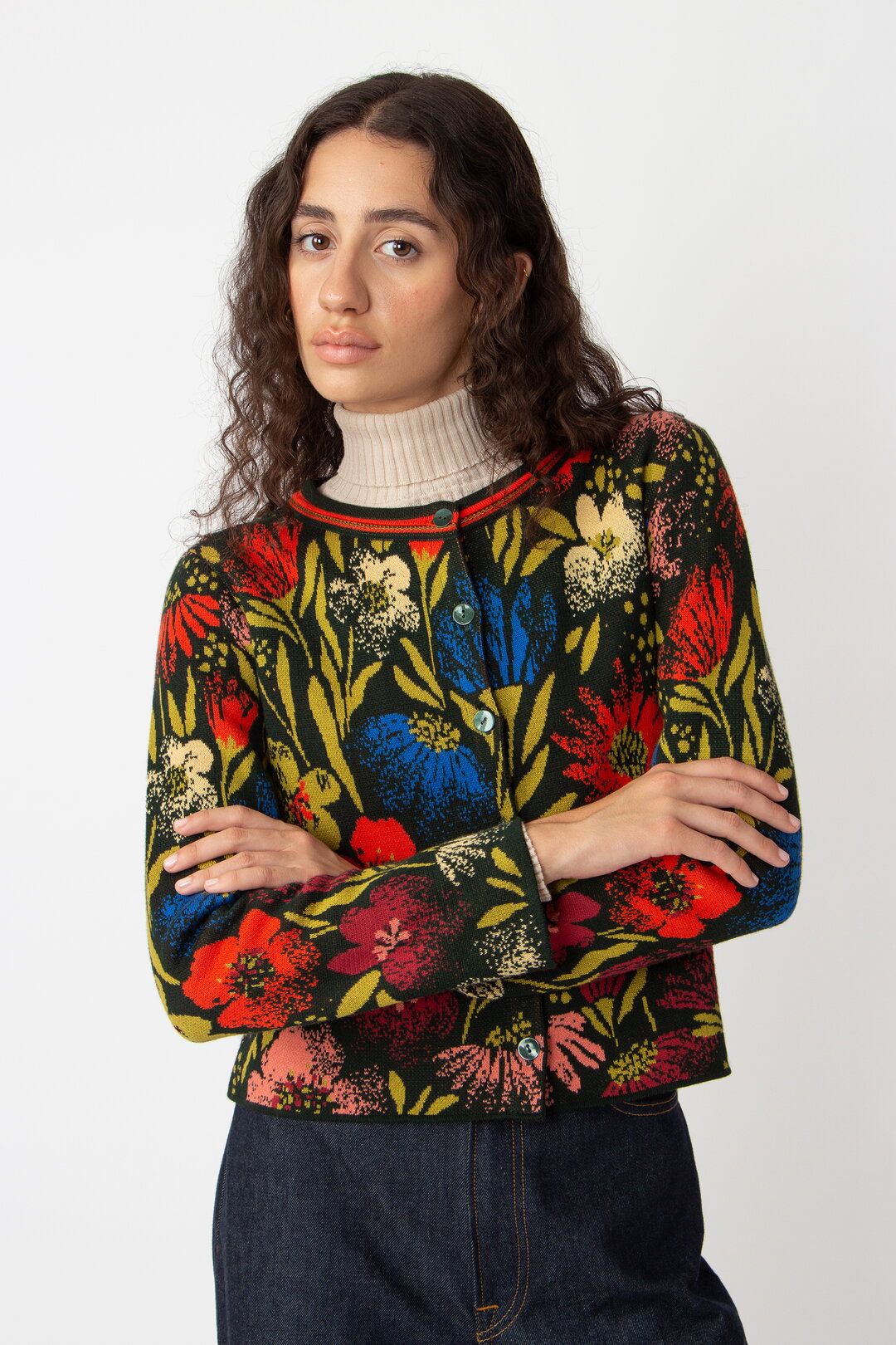 O-Neck Cardigan, Floral Pattern