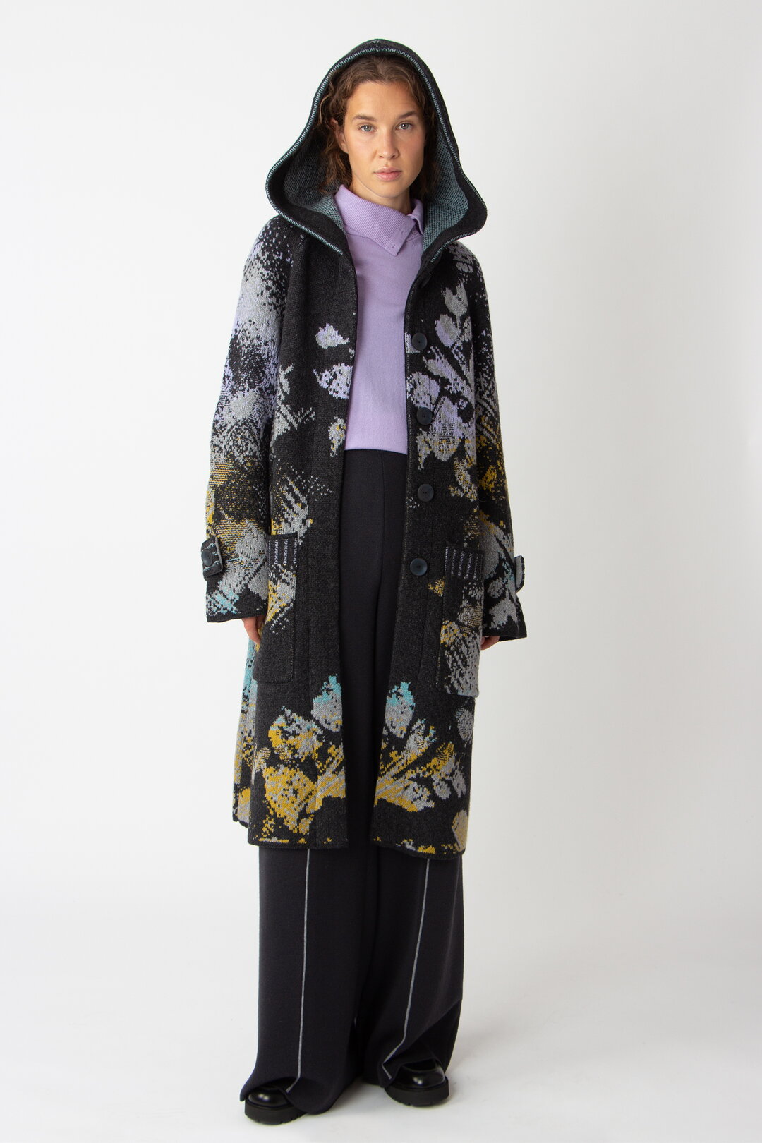 Jacquard Coat with Hoodie, Camouflage Pattern