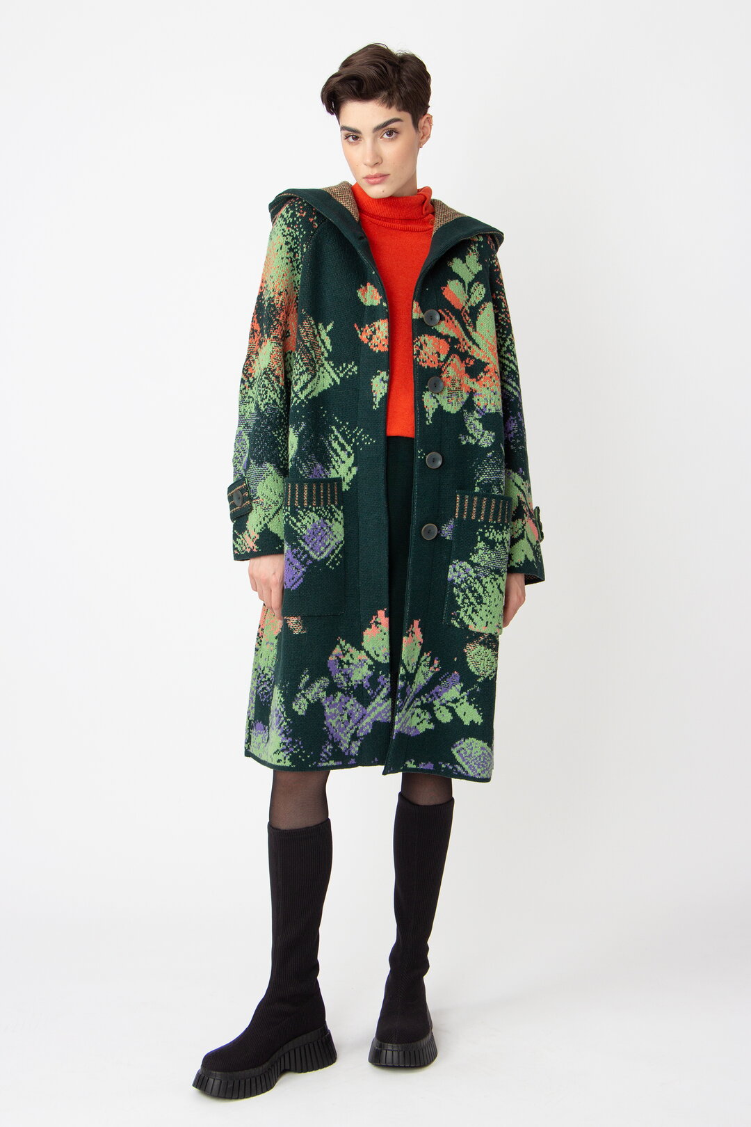 Jacquard Coat with Hoodie, Camouflage Pattern