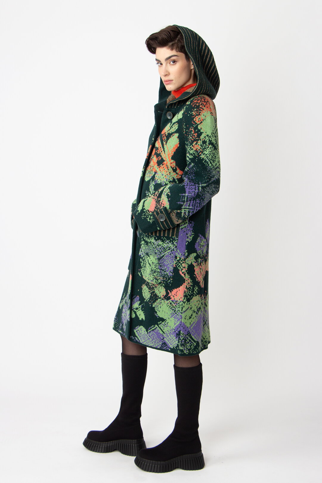 Jacquard Coat with Hoodie, Camouflage Pattern