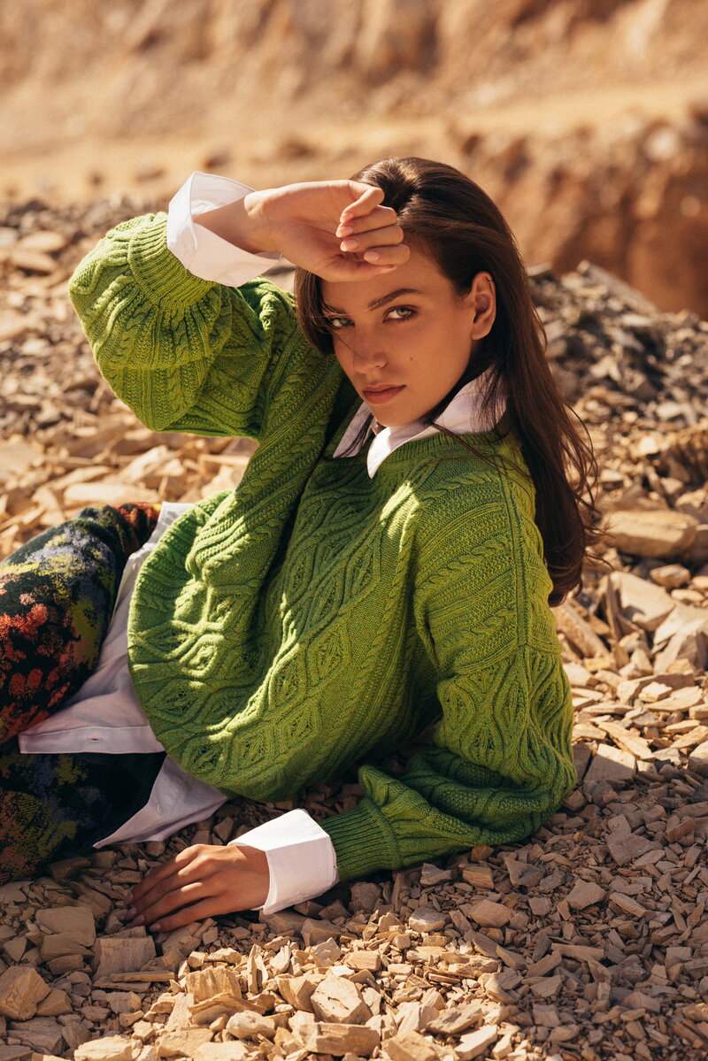 O-Neck Pullover, Structure Pattern - Green - Pullovers - Ivko Woman