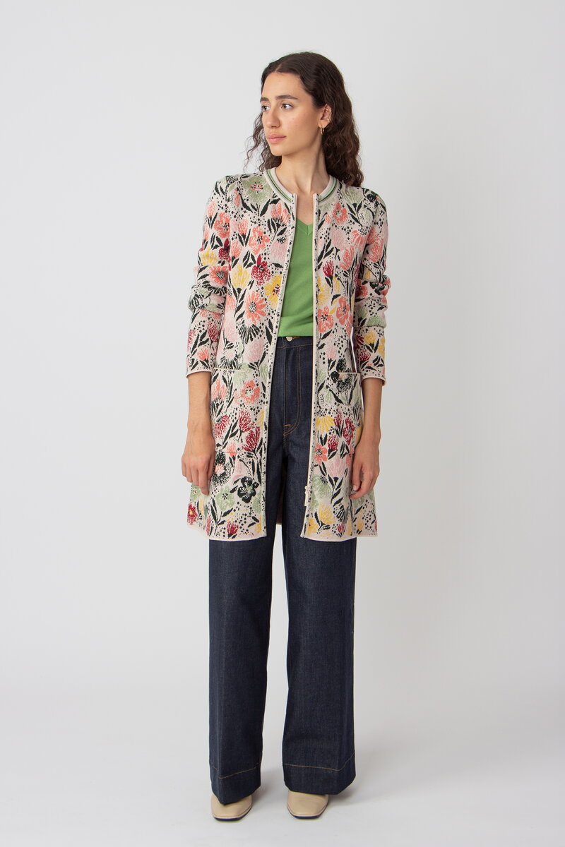 Lange Strickjacke mit Reißverschluss, Floralmuster