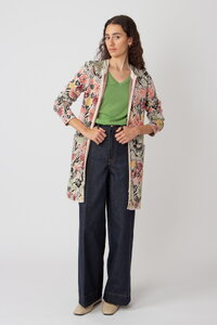 Long Zip Cardigan, Floral Pattern - Off-White - Cardigans - Ivko Woman