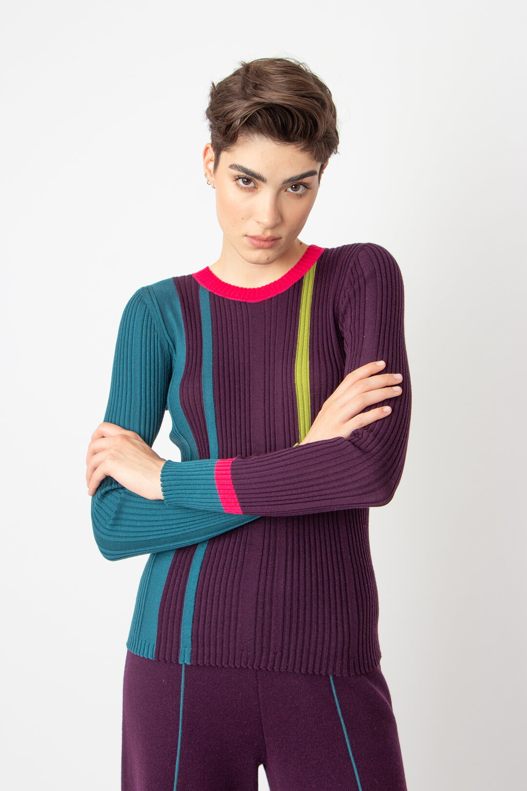 Ribbed Pullover, Contrasting Stripe