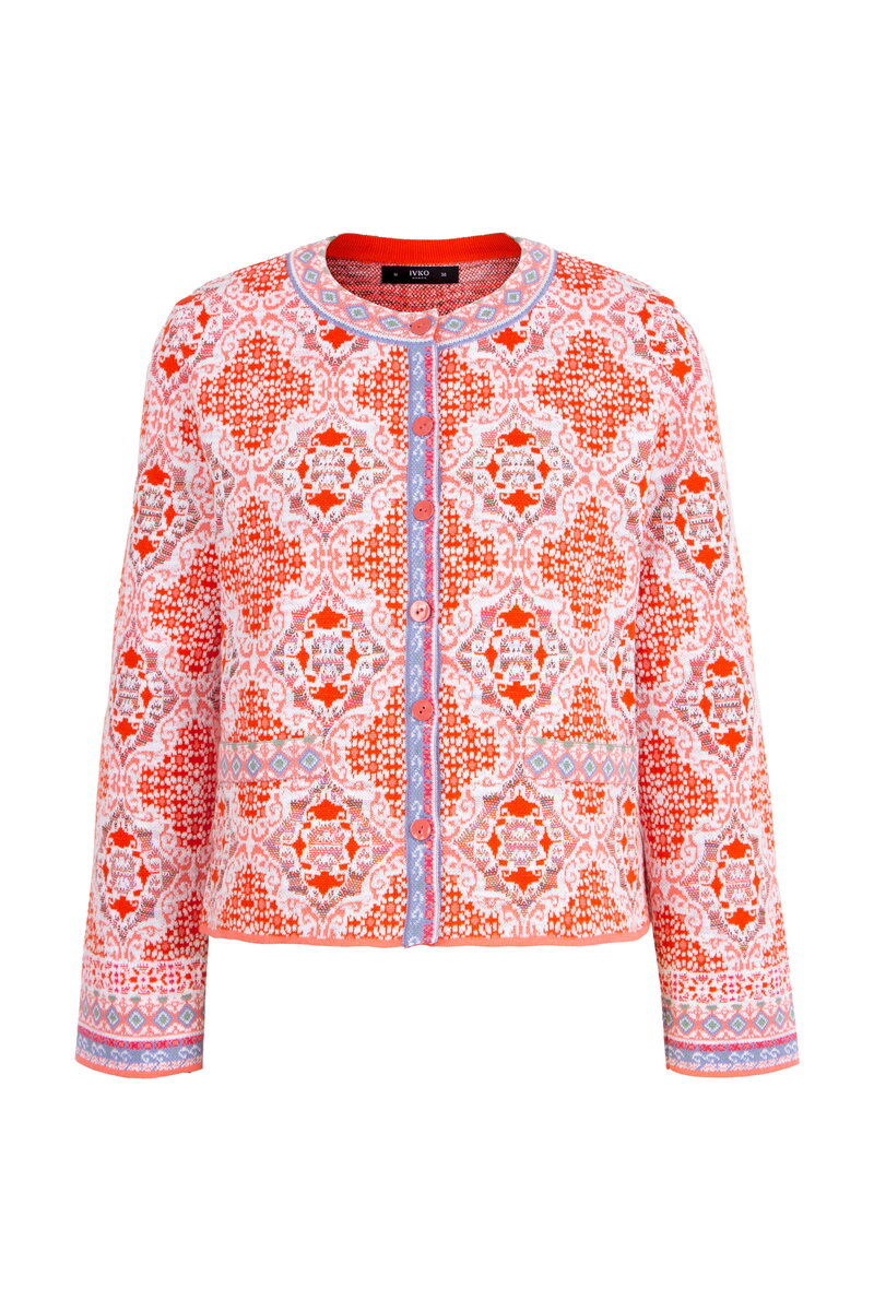 Jacket O-Neck, Morocco Pattern - Coral - Knitted Jackets - Ivko Woman