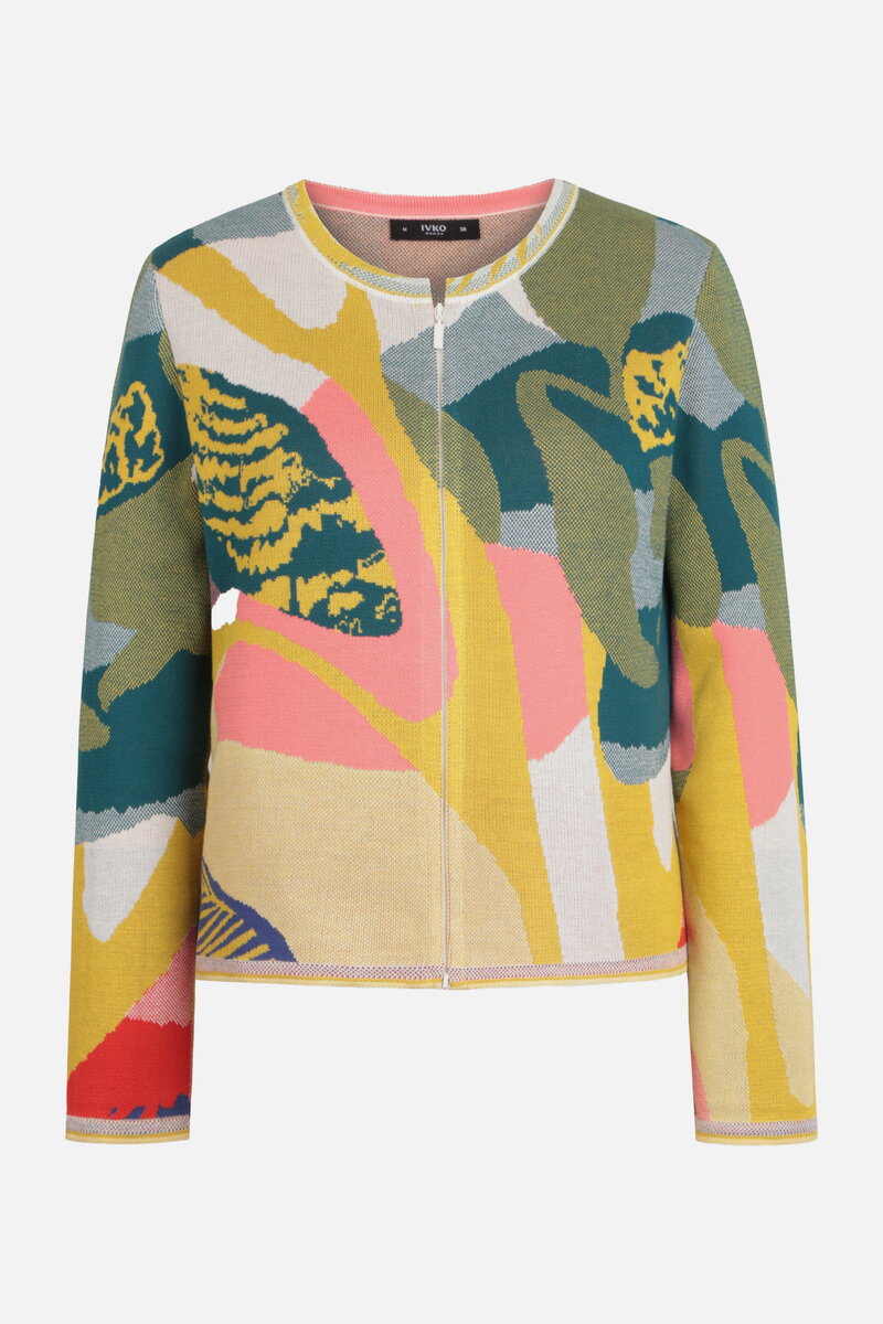 Strickjacke mit O-Ausschnitt, Maximalist Tropics Motiv