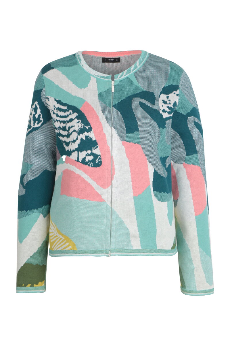 Strickjacke mit O-Ausschnitt, Maximalist Tropics Motiv