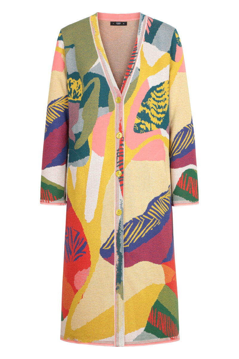 V-Neck Coatigan, Maximalist Tropics Pattern - Yellow - Outerwear