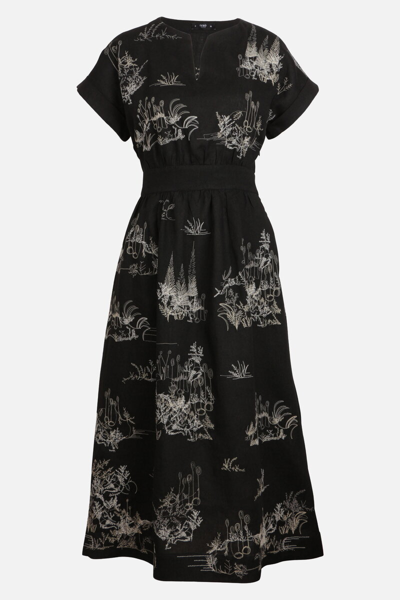 Linen Dress with Embroidery, Garden Nostalgic Pattern