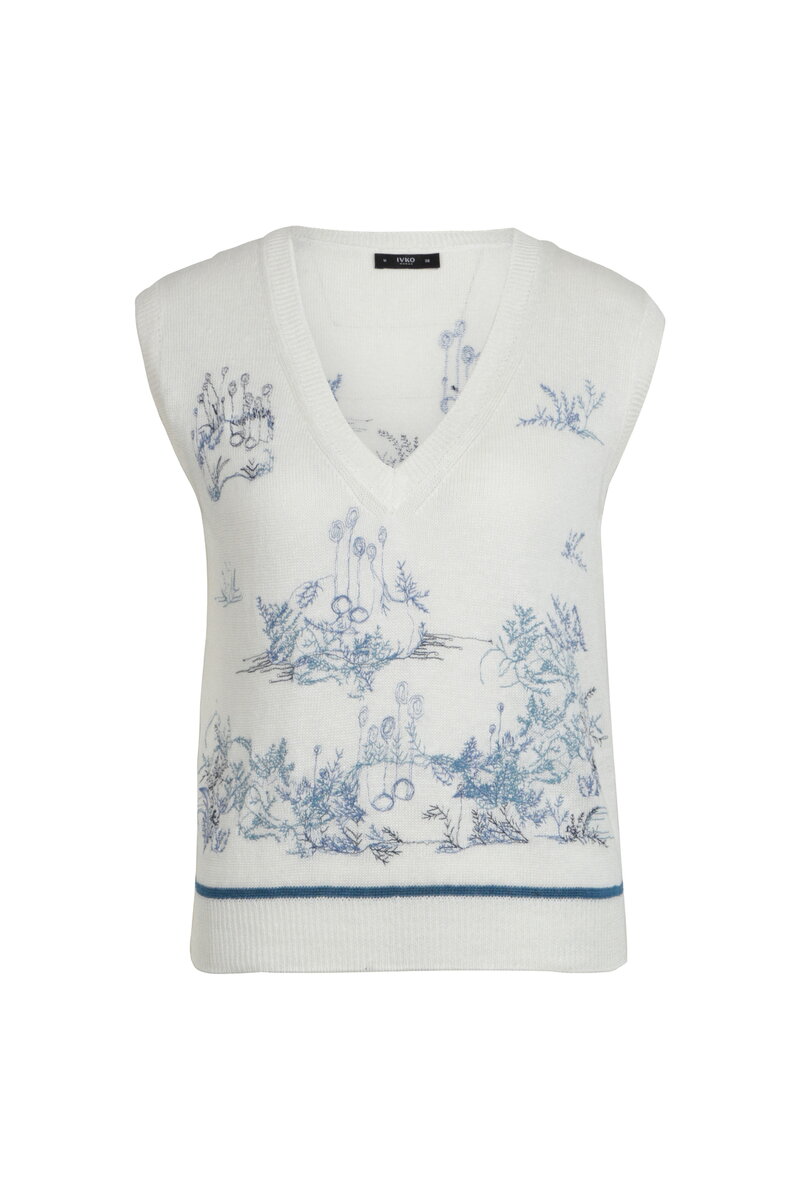 Bestickter Pullover mit V-Ausschnitt, Garten Nostalgie Motiv